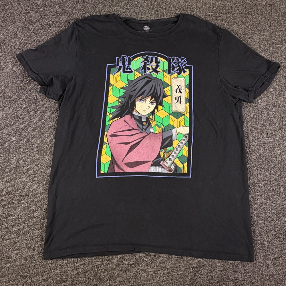 Demon Slayer T-Shirt Mens Large Giyu Tomioka Black Graphic Anime EUC